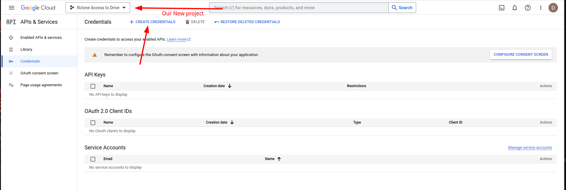 Create Credentials button