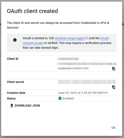 OAuth Credentials Obtained